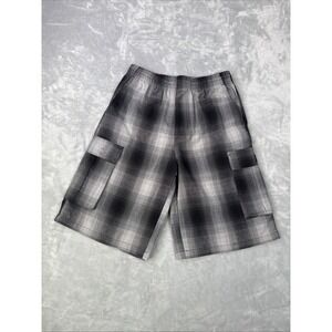 FB County Checker Shorts Mens Sz S Black Plaid Cargo Drawstring Casual 90s New